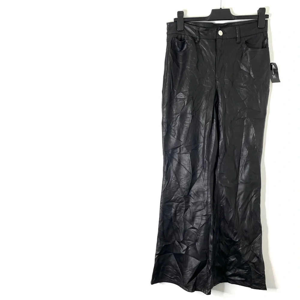 INC International Concepts Black Vegan Leather Flare Leg Pants NWT Stretch - Picture 1 of 8